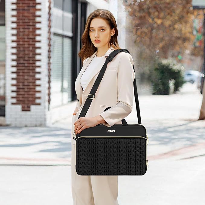 MOSISO 15.6 inch Laptop Shoulder Bag for Women, 15-16 inch Computer Bags Compatible with MacBook Pro 16 inch/Air 15 inch,HP Dell Lenovo ASUS, Wheat Ear Quilted Laptop Bag with Handle&Pocket, Black