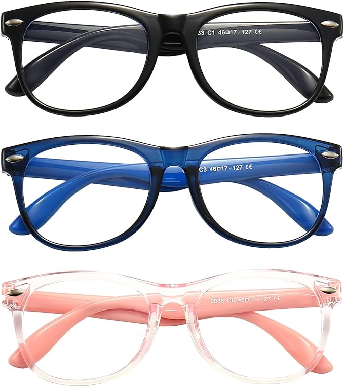 FANNYGO Kids Blue Light Blocking Glasses 3 Pack Fanngo Kids Computer Reading Glasses for Boys And Girls Age 3-9 (Black + Dark blue + Light powder)