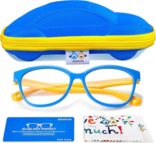 Blue Light Glasses for Kids Girls Boys with Cute Car Case, UV400 Protection, Anti Blue Ray Age3-12