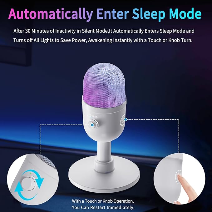 USB Gaming Condenser Microphone for PC/Desktop,192kHz/24Bit,Noise Cancellation,Monitoring,Quick Mute & RGB Lighting,USB PC Mic for Laptop,Podcast,Streaming,Recording White