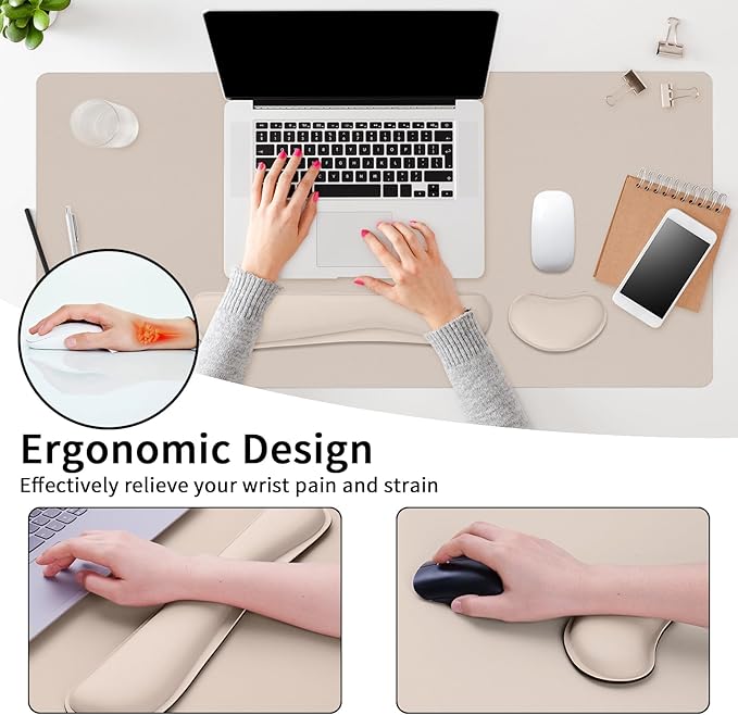 Mouse Pad and Keyboard Wrist Rest, Large Keyboard and Mouse Pad Set, Ergonomic Mousepad with Wrist Rest, Non-Slip Desk Mat Protector for Office, Home (35.4×15.7 Inches, Cream Pink)