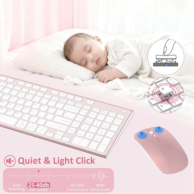 Wireless Keyboard and Mouse, GALENMORO Silent Quiet Combo Low Profile USB C Full Size Compact with Number Pad Flat Soft Touch Cordless for Mac Computer PC Laptop MacBook iMac Office - Pink Rose Gold