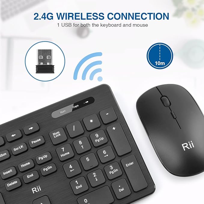 Wireless Keyboard and Mouse Combo - Rii Standard Office PC Keyboard and Optical Wireless Mice (Black (2 Pack))