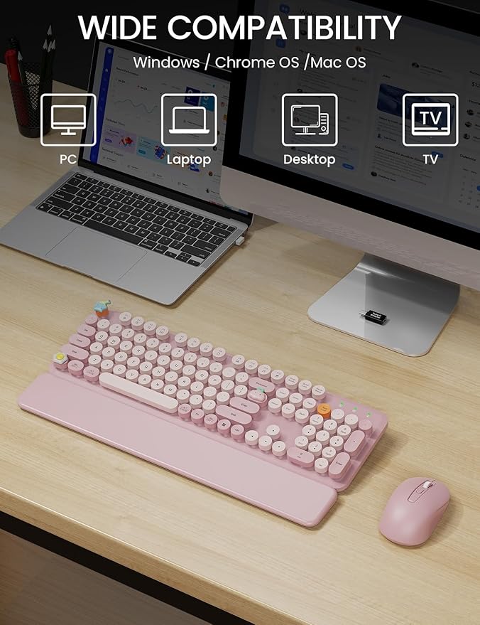 Wireless Keyboard and Mouse Combo, Typewriter Keyboard with Detachable Wrist Rest, Full-Size Retro Round Keycaps, Smart-Sleep, 2.4GHz Stable Connection for Mac/Windows/PC, Trueque(Dusty Rose)