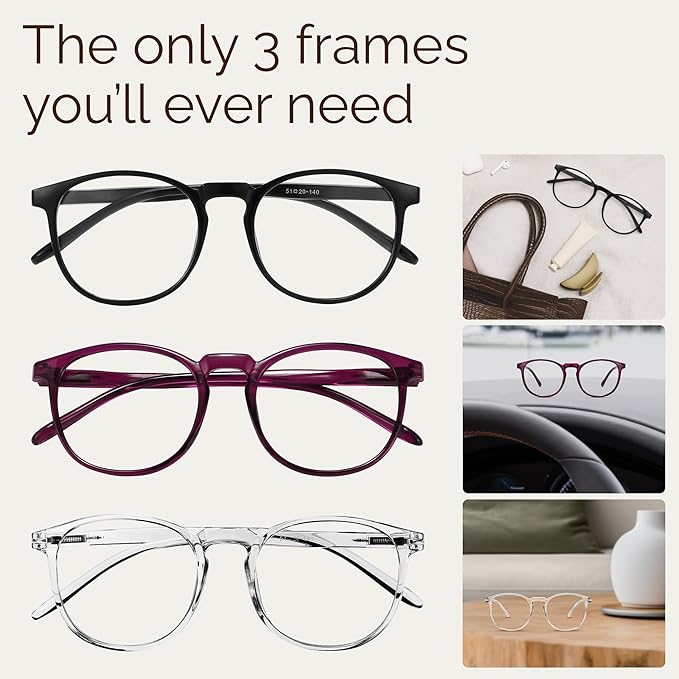IBOANN Chic & Comfy Blue Light Glasses for Women - 3-Pack Round Frames, Screen-Ready Style with UV Protection Coating