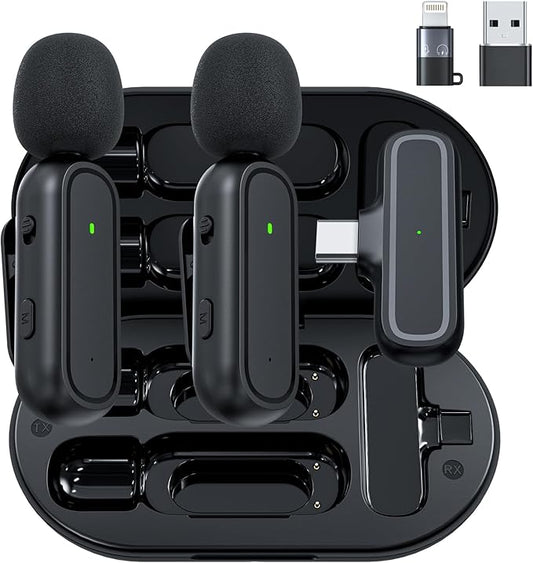 2-Pack Wireless Lavalier Microphone for iPhone Android - Plug and Play Noise Reduction Clip-on Mic with Charging Case, for Vlogging YouTube Live Streaming Zoom Meetings Video Recording Youtuber