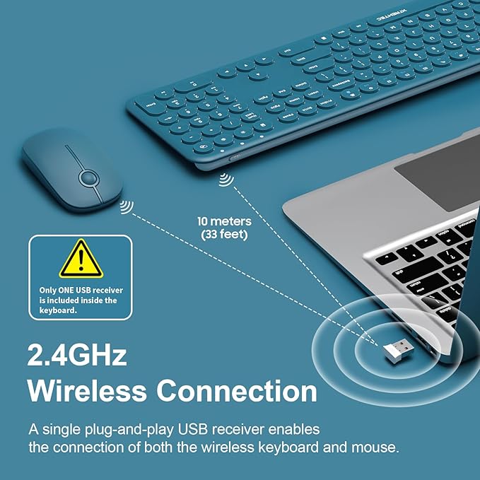 XTREMTEC 2.4G Full Size Wireless Keyboard Mouse Combo, Ultra Slim Silent Cute Computer Keyboard with USB Receiver for Windows, OS, PC, Mac, Tablet (Blue)