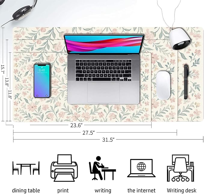 Large Mouse Pad, Light Pink Flowers Desk Mat for Desktop, Women Girls Flowers PU Leather Waterproof Desk Pad, Computer PC Laptop Protector Gaming Mouse Pads for School Office Home 27.5" x 13.8"