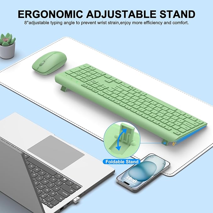 Wireless Keyboard and Mouse Combo, Full-Size Silent Ergonomic Keyboard and Optical Mouse, Long Battery Life, 2.4G Lag-Free Mice Keyboard for Mac, Laptop, PC, Windows(Avocado Green)