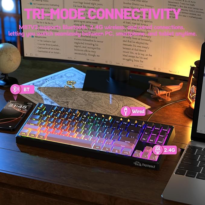 M87V2 Wireless Keyboard, Low Profile Quiet Typing Membrane Gaming Keyboard with 80% TKL Layout Side Printed Keys, RGB Backlit, USB C Rechargeable,87 Keys PBT Keycap for Windows PC,Mac,Linux-Blackberry