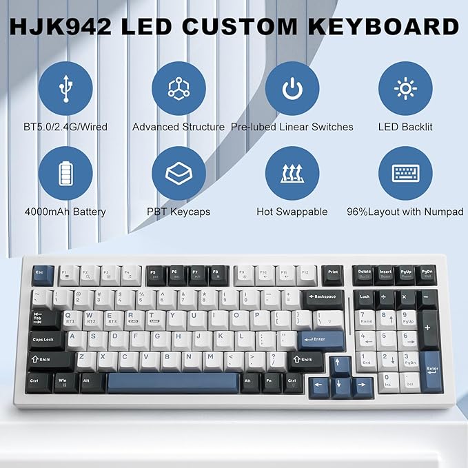 Wireless Mechanical Keyboard BT5.0/2.4GHz/USB, Multi-Color LED with 18+ Modes, Hot-Swappable Custom Keyboard, Red Creamy Switches, Gaming Keyboard for PC/Mac (Blue White)