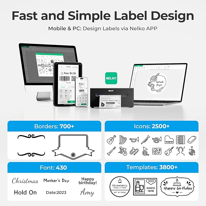 Nelko Bluetooth Thermal Shipping Label Printer, Wireless 4x6 Shipping Label Printer for Shipping Packages, Support Android, iPhone and Windows, Widely Used for Amazon, Shopify (Black)