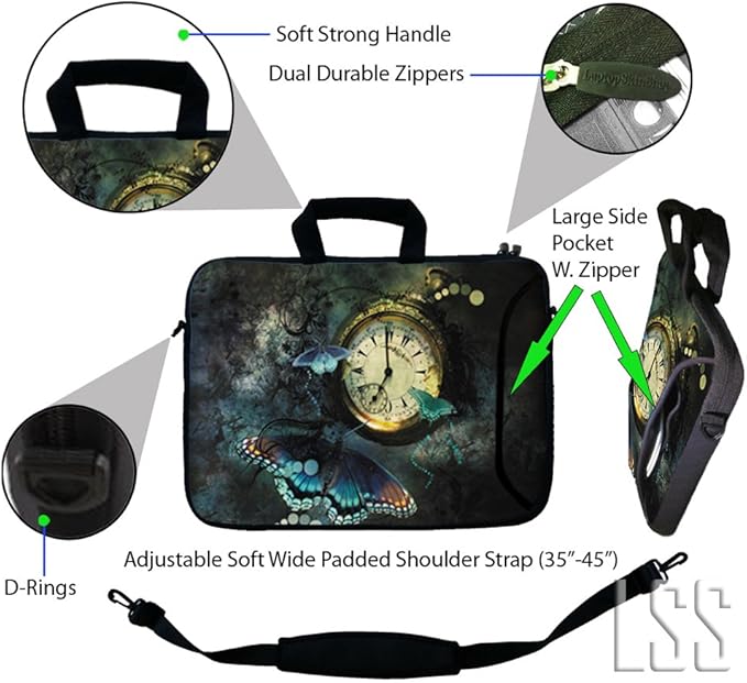 LSS 13.3 inch Laptop Sleeve Bag Notebook with Extra Side Pocket, Soft Carrying Handle & Removable Shoulder Strap for 12" 12.1" 13" 13.3" Acer,Asus, HP, Sony - Clock Butterfly Floral