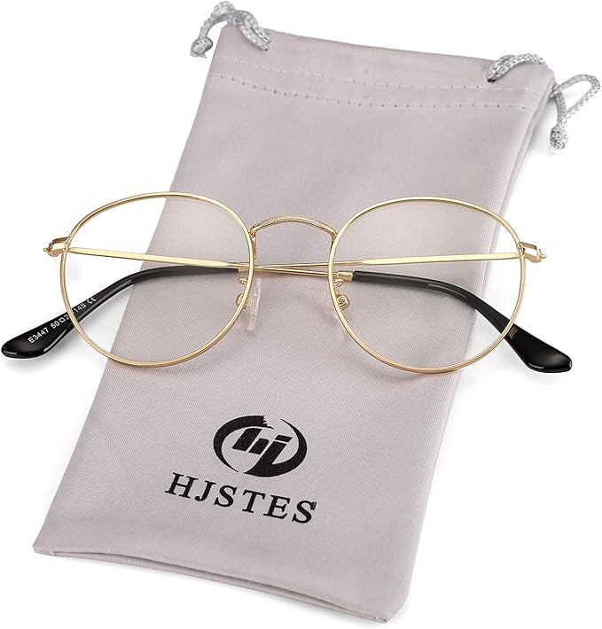 HJSTES Round Blue Light Glasses for Women Men Retro Circle Clear Lens Metal Frame Eyeglasses