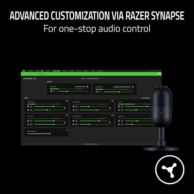 Razer Seiren V3 Mini USB Microphone: Condenser Mic - Supercardioid Pickup Pattern - Tap-to-Mute Sensor with LED Indicator - Shock Absorber - Ultra Compact - PC, Discord, OBS Studio, XSplit - Black