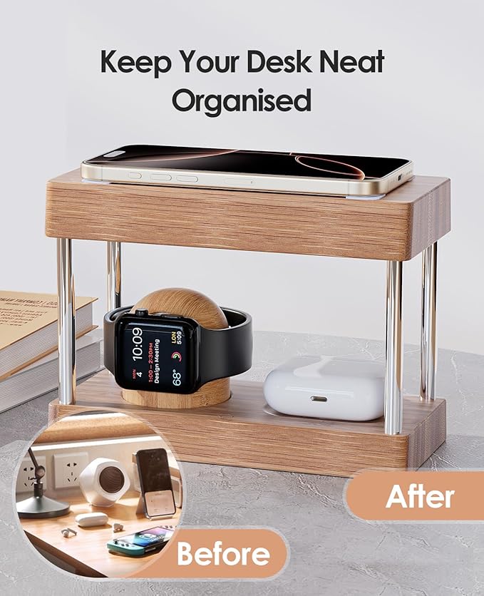 Bamboo Wireless Charging Station with Light: Ideal Gifts for Her Him 4 in 1 Charging Station for Multiple Devices, Bedside Wireless Charger for iPhones 16-8/Pro/AirPods/iWatch
