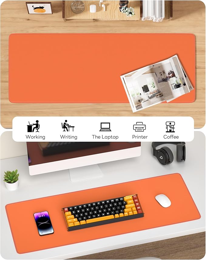 Orange Mouse Pad, 31.5 x 11.8 Large Desk Mat with Stitched Edges & Non-Slip Base, Mousepad for Office, Home, Work