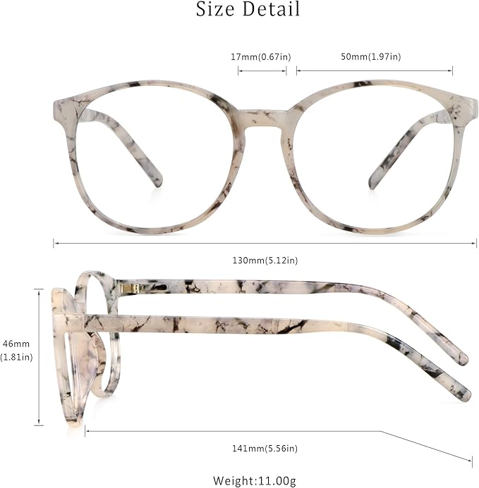 LifeArt Round Blue Light Blocking Glasses, Computer Glasses, Gaming Glasses, TV Glasses for Women Men (Marble, 2.00 Magnification)