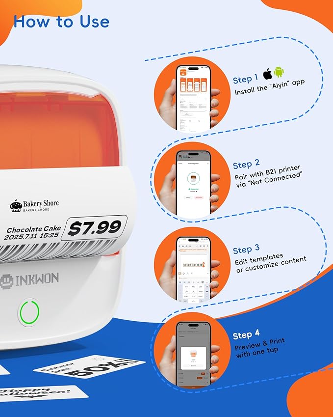B21 Label Maker, 2-Inch Bluetooth Label Maker Machine with 3 Tapes – Thermal Label Printer Ideal for Small Business, Address, Barcode, School, Office, Home