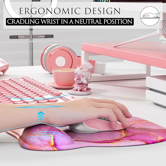 MROCO Ergonomic Mouse Pad with Gel Wrist Rest, Smooth Wrist Support Surface, Non-Slip PU Base for Pain Relief, Comfortable Mousepad for Computer, Laptop, Office & Home, 9.4 x 8.1 in, Pink Marble