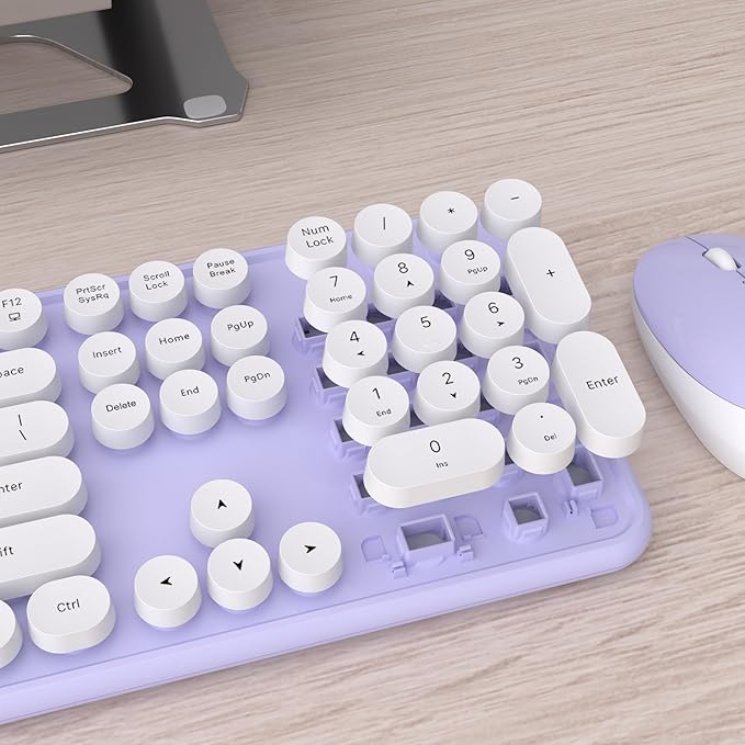 UBOTIE Colorful Computer Wireless Keyboards Mouse Combo, Typewriter Flexible Keys Office Full-Sized Keyboards, 2.4GHz Dropout-Free Connection and Optical Mouse (Purple-White)