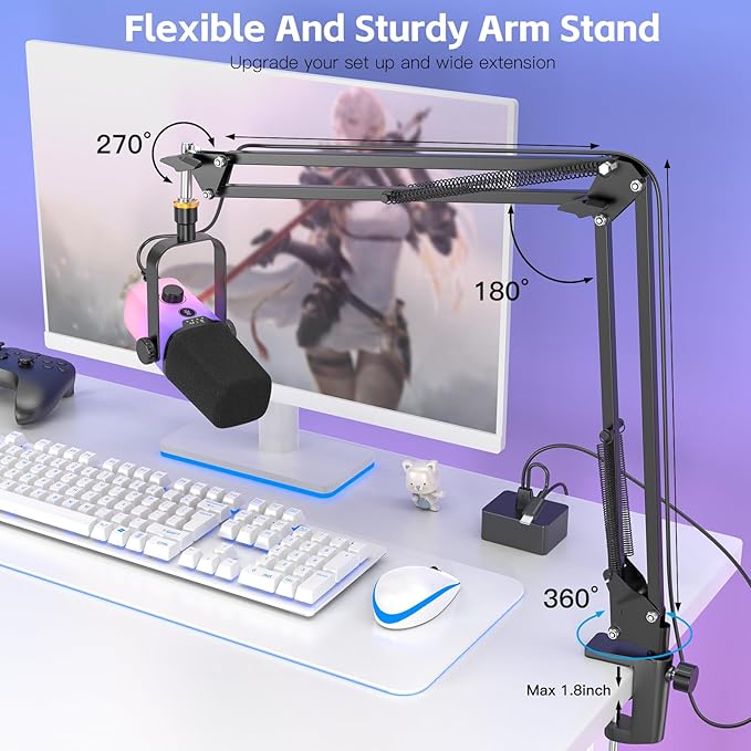 ZealSound USB Gaming Microphone,PC Microphone for Phone Tablet with RGB for Streaming Podcast Vocal Recording ASMR, Computer Mic with Noise Cancellation,Mute Button,Gain Knob,Desktop Arm Boom Stand