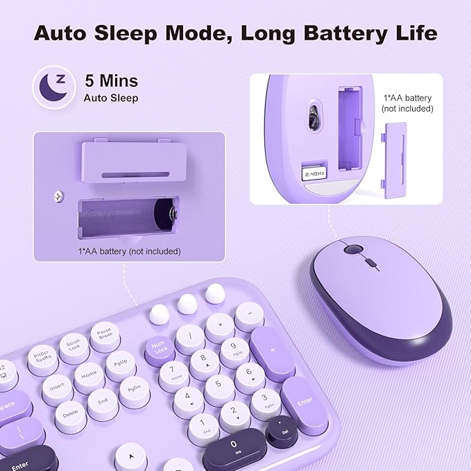 Wireless Keyboard and Mouse, 2.4Ghz USB Retro Full Size Typewriter Keyboard and Cute Mouse Combo for Windows 7/8/10, Laptop, Desktop, PC, Computer (Purple Colorful)