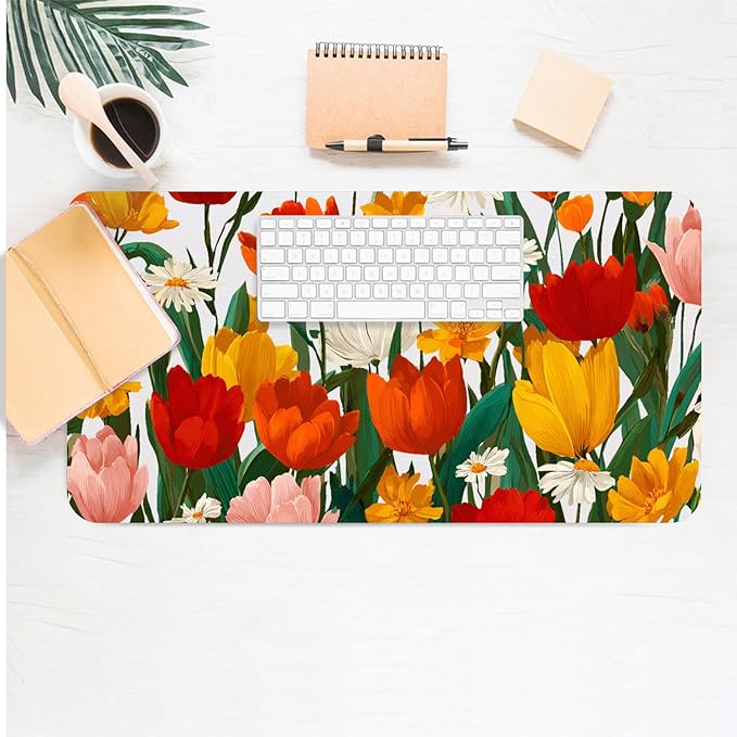 Large Mouse Pad, Red Floral Desk Mat for Desktop, Women Girls Flowers PU Leather Waterproof Desk Pad, Computer PC Laptop Protector Gaming Mouse Pads for School Office Home 31.5" x 15.7"