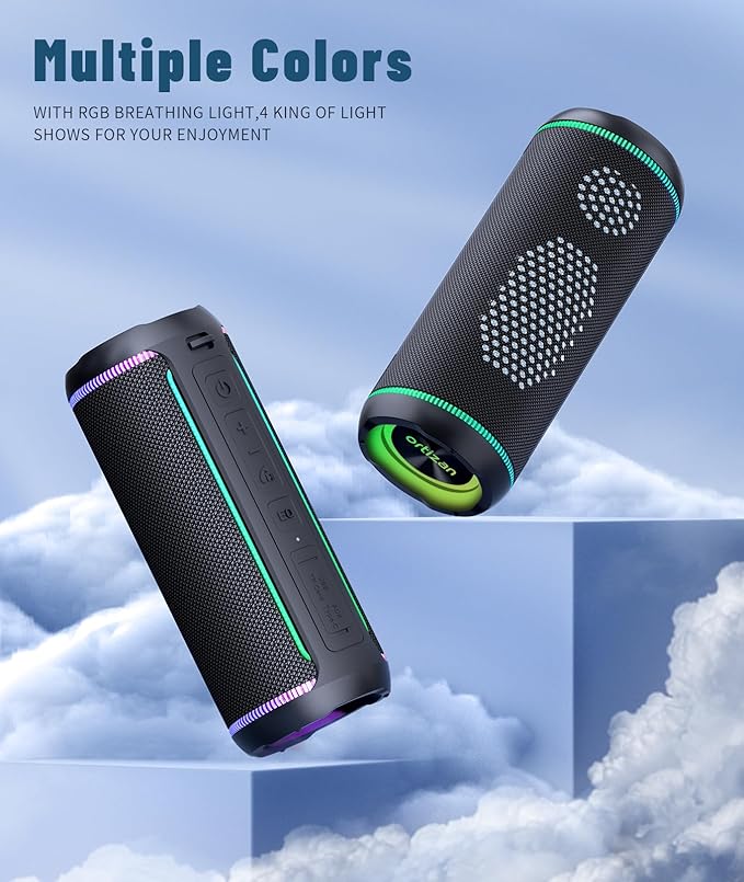 Ortizan Portable Bluetooth Speaker (3nd Gen), Bold 40W Sound with DSP Bass Boost, IPX7 Waterproof, 30Hrs of Playtime, TWS, BT 5.3, Colorful Lights, EQ, USB, Wireless for Home, Outdoor, Party - Black