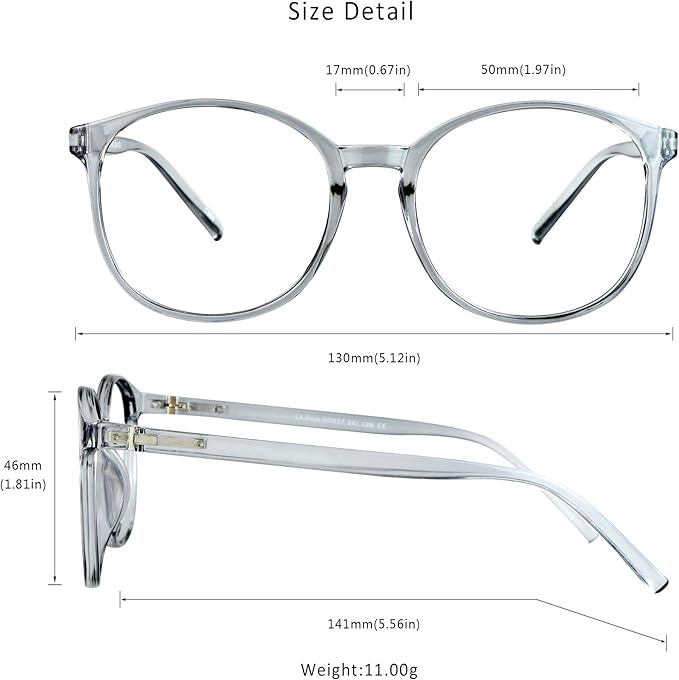 LifeArt Round Blue Light Blocking Glasses, Computer Glasses, Gaming Glasses, TV Glasses for Women Men (Clear Gray, 4.00 Magnification)