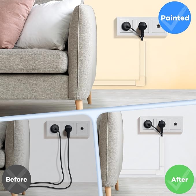 Cord Hider Kit 126in (8 x L15.7in) - ZhiYo Cable Covers for Wires on Wall, Wire Hider for Wall Mounted TV, White Cable Raceway, Paintable Cord Cover Cable Management for Home Office, W1.54in x H0.75in - Image 6