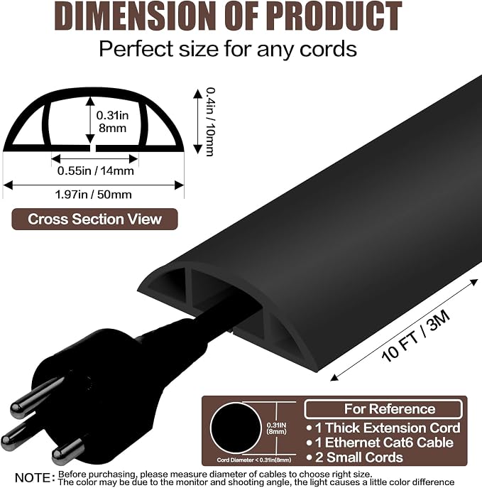 Floor Cord Cover Self Adhesive Cord Hider,10FT Cable Management, Extension Strip Protector for Wires, Prevent Cable Trips for Offices, Gyms, Exhibitions Cavity:0.47"(W) x 0.35"(H) Black - Image 2