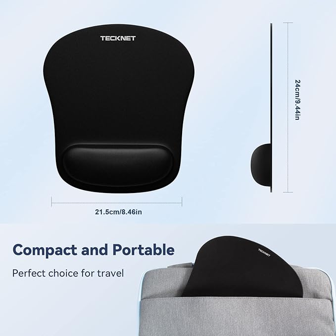 TECKNET Mouse Pad with Wrist Support, Ergonomic Gaming Mouse Pad Pain Relief, Portable Comfortable Mousepad for Computer, Laptop, Office, Home and Travel, Non-Slip Base, Waterproof Surface, Black
