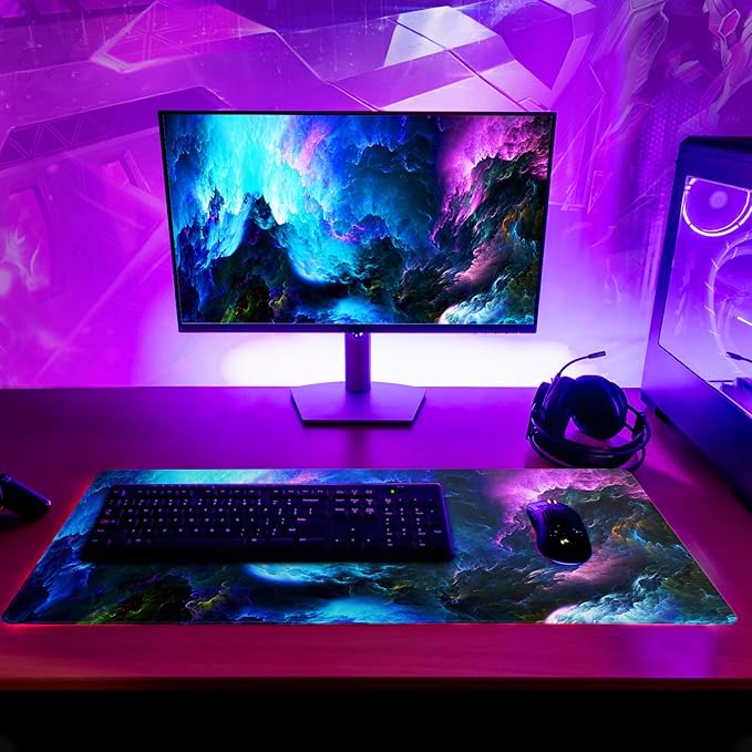 Dazzling Galaxy Gaming Mouse Pad 27.6x11.8 Inch Blue Purple Galaxy Nebula Universe Space Large Mousepad Non-Slip Rubber Base Stitched Edges Keyboard Mouse Mat Desk Pad for Office Home and Game