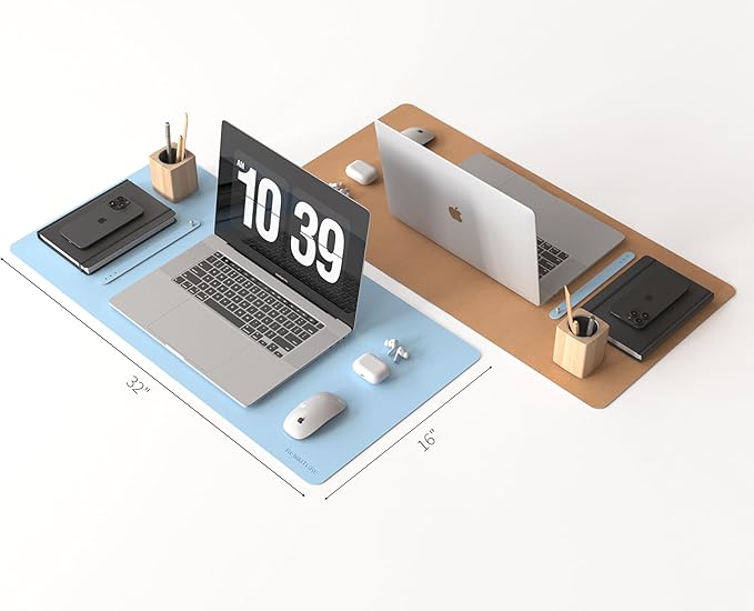 RENMTURE Dual-Sided Large Desk Pad, Faux Leather Natural Cork Mouse pad, Desk Accessories Protector, for Office and Home Work (Light Blue, 32"x16")