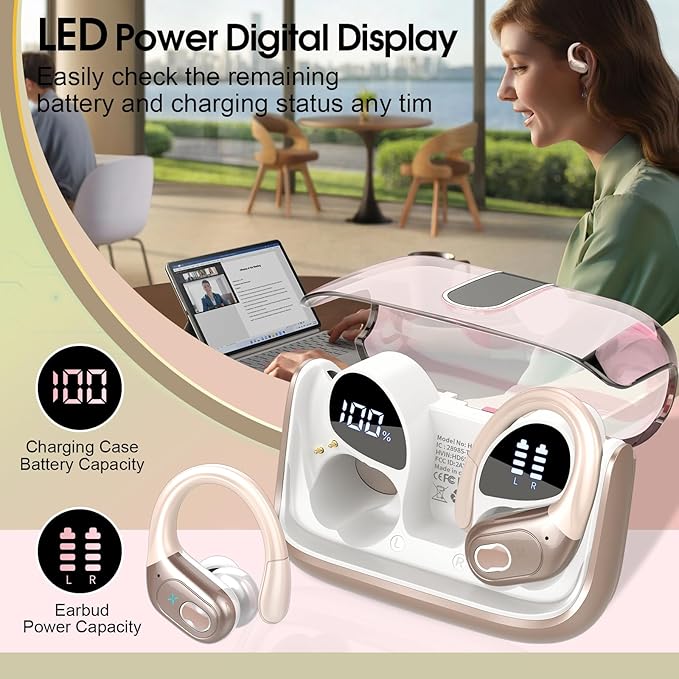 Wireless Earbuds 75hrs Bluetooth 5.4 Headphone Sport, 2026 Bluetooth Earbuds Stereo Deep Bass Over Ear Bud with Earhooks, ENC Noise Cancelling Mic, IPX7 Waterproof Earphone for Gym/Workout, Rose Gold