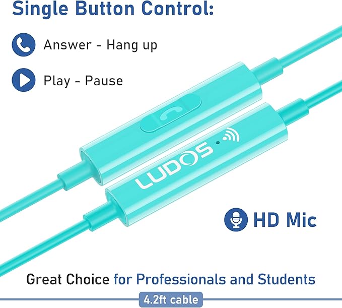 LUDOS FEROX Wired Earbuds in-Ear Headphones, 5 Year Warranty, Earphones with Microphone, Noise Isolation Corded for 3.5mm Jack Ear Buds for iPhone, Samsung, Laptop, Kids, School Students - Turquoise