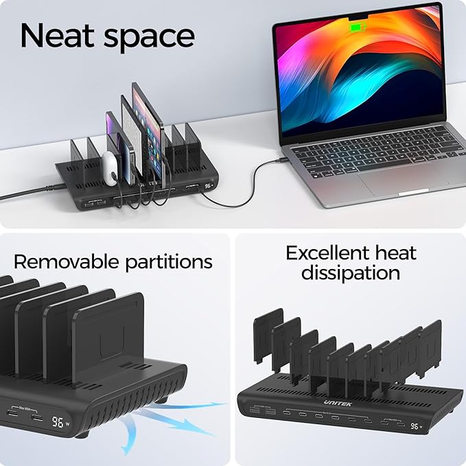 UNITEK 10-Port USB C Charging Station 96W with 2X 65W PD, [2A+8C] Laptop Charging Station for Multiple Devices, Fast Charger Dock for Home Office