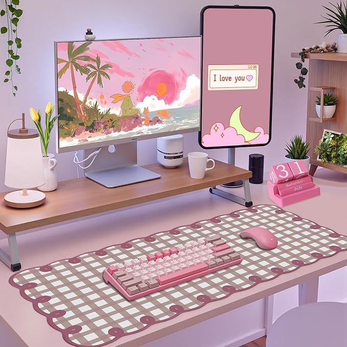 Cute Purple Pink Scalloped Desk Mat Kawaii Pastel Retro Checkered Large Mouse Pad Aesthetic Vintage Cozy Office Desk Decor for Women Girl Stitched Pad for Computer Keyboard & Mouse 31 * 15.7in