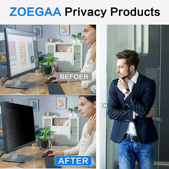 ZOEGAA 28 Inch Computer Privacy Screen Filter for 16:9 Widescreen Computer Monitor 24.4"x13.7" - Computer Screen Privacy Shield and Anti Blue Light Anti Glare Screen Protector