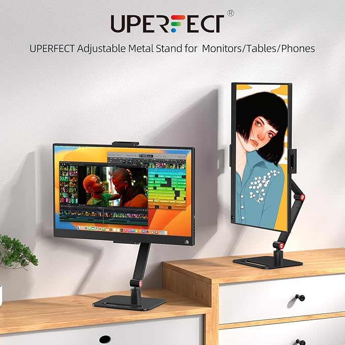 UPERFECT Adjustable Tablet Stand, 360° Swivel & 180° Tilt, Foldable Arm Holder for 4.7–9.87'' Telescopic Clamp, Compatible with ≤18.5'' Monitor/iPhone/iPad/Tablet, Aluminum Alloy, Black