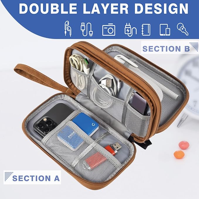 Travel Cable Organizer Pouch Electronic Accessories Carry Case Water Resistant Accessories Organizer Pouch Bag for Cable, Cord, Charger, USB, Phone, Power Bank, Earphone (Brown, Medium)