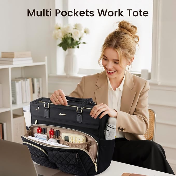 LOVEVOOK Tote Bag, Work Bags for Women with Large Cup Holder, Large Capacity Teacher Tote with Multi Pockets, Water Resistant Nurse Diaper Tote with Padded Laptop Compartment, 17.3 Inch Black