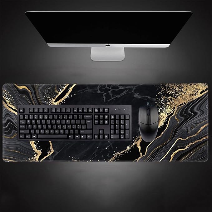 Large Gaming Extended Computer Mouse Pad with Anti Slip Rubber Base for Office Home Laptop, Keyboard Mouse Mat Desk Pad, Black and Gold Marble