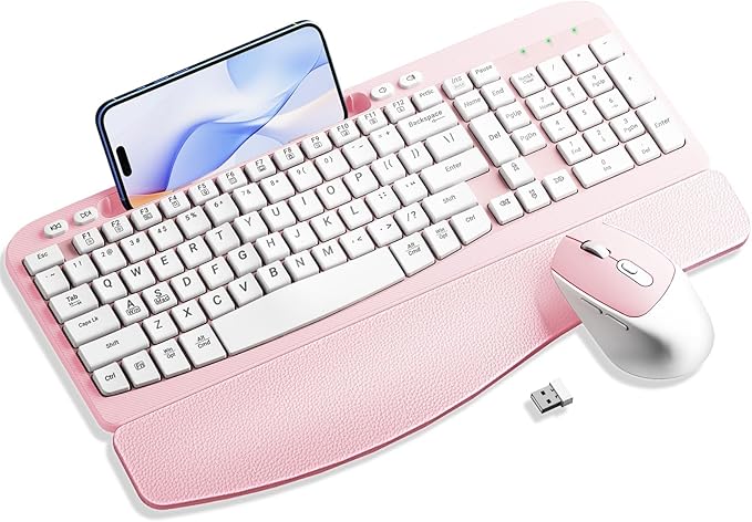 Wireless Keyboard and Mouse Combo, Wave Keys Computer Ergonomic Keyboard with Cushioned Plam Rest, Phone Holder, 2.4GHz Silent 6 Button Wireless Mouse Set for Laptop, PC, Windows, Mac (Pink)