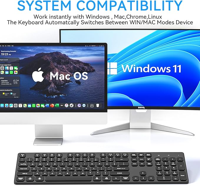 Rechargeable Wireless Keyboard for Mac and Windows, Ultra Slim 2.4GHz Full-Size Keyboard with Low-Profile Quiet Keys, Compatible with PC, Laptop, Windows 11/10/8/7