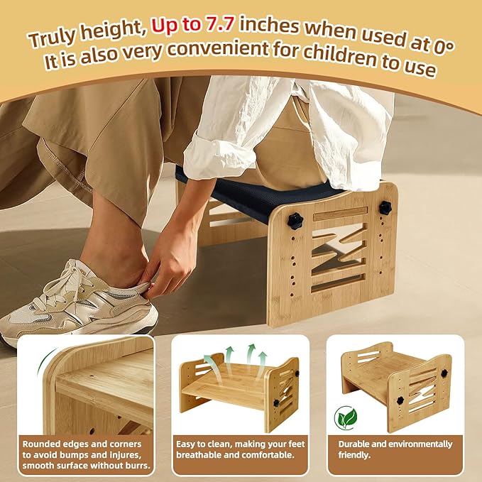 Myplace Bamboo Adjustable Under Desk Footrest with Memory Foam Pad - Ergonomic Foot Rest with 7-Level Adjust, Slanted Foot Rest Stool for Home Office Kitchen Bedroom (Burlywood)