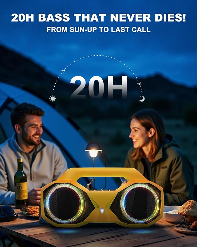 OZJ Bluetooth Speaker 80W(Peak) Loud with Bass, 20H Playtime, IPX7 Waterproof, RGB Lights, TWS, Large Portable Wireless Speakers for Outdoor, Home, Party, Pool, Beach, Tailgating, Gym, Work (Yellow)