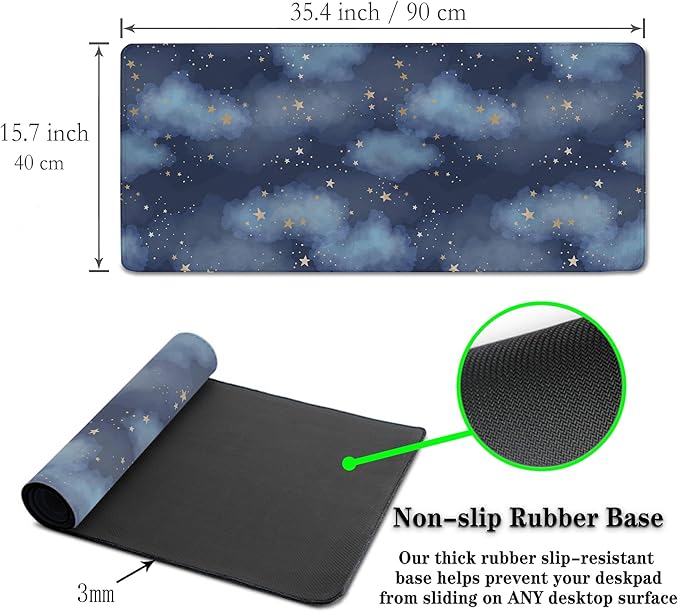 Large Desk Mat Dark Blue, Keyboard Mouse Pads Desktop Mats, Long Gaming Mouse Pad Non-Slip Rubber Base, 35.4 X 15.7 inch for Work/Game/Office/Home Watercolor Night Sky Galaxy Universe Space