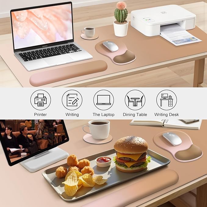 4-in-1 Large Gaming Mouse Pad, Keyboard Wrist Rest Pad & Wrist Support Mousepad Set, Extended Desk Pad Waterproof Desk Mat Protector for Home Office Decor Study Game 35.4×15.7 Inches I Milk Tea Brown